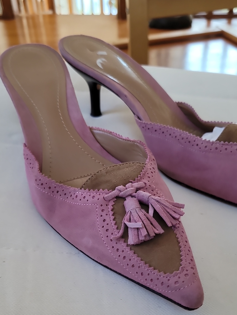 Ann Taylor Lavender Pink Suede Tassel Pointed-Toe Mules, Size 8 M